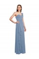 Azul Empoeirado Chiffon Linha A Sem Mangas Um Ombro Longo Vestidos de Madrinha Acessíveis