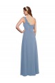 Azul Empoeirado Chiffon Linha A Sem Mangas Um Ombro Longo Vestidos de Madrinha Acessíveis