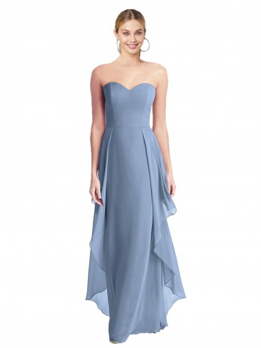Azul Empoeirado Chiffon Linha A Sem alças Longo Vestidos de Madrinha