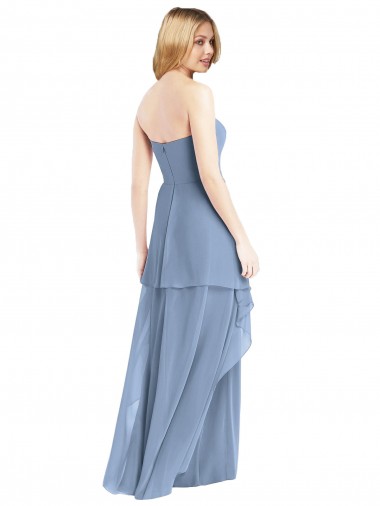 Azul Empoeirado Chiffon Linha A Sem alças Longo Vestidos de Madrinha