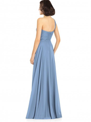 Azul Empoeirado Chiffon Linha A Um Ombro Longo Vestidos de Madrinha