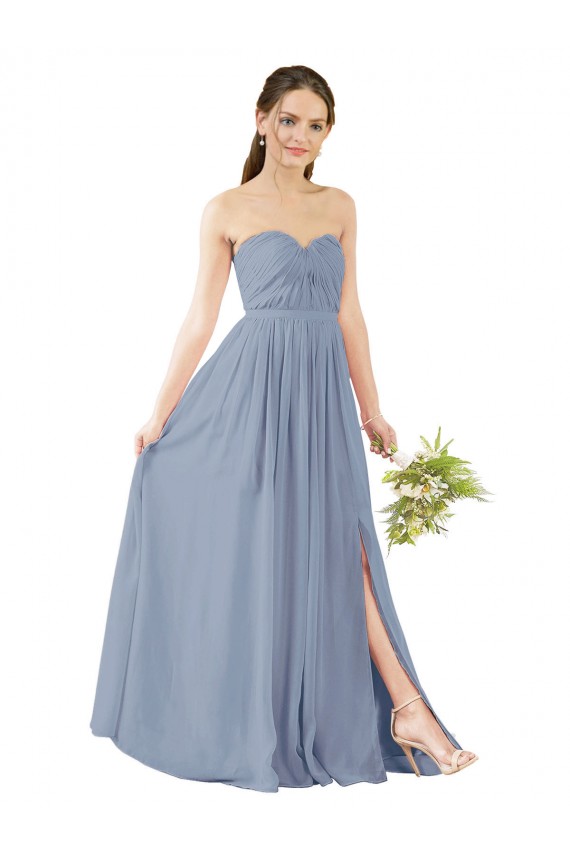 Azul Empoeirado Chiffon Sem Mangas Amor Linha A Longo Vestidos de Madrinha Acessíveis