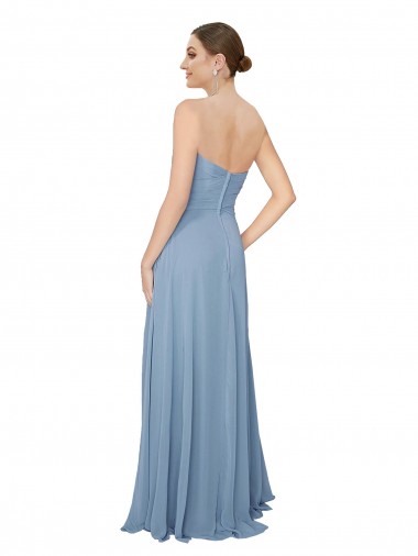 Azul Empoeirado Chiffon Sem Mangas Sem alças Linha A Longo Vestidos de Madrinha
