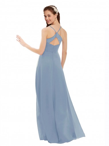 Azul Empoeirado Linha A Alças finas Chiffon & Renda Longo Vestidos de Madrinha