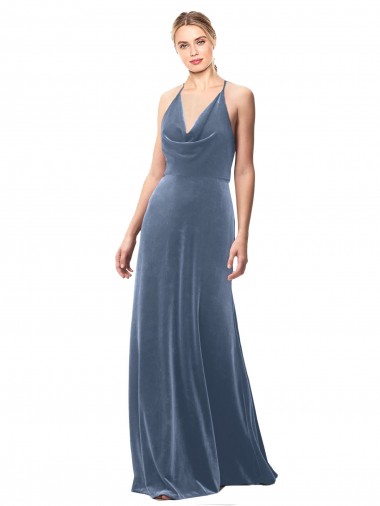 Azul Empoeirado Linha A Alças finas Veludo Elástico Longo Vestidos de Madrinha / Vestidos de Festa