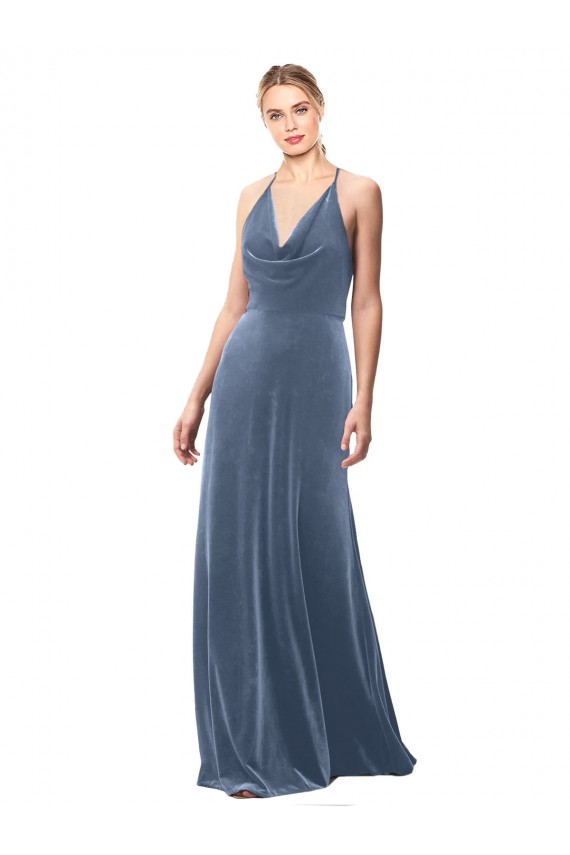 Azul Empoeirado Linha A Alças finas Veludo Elástico Longo Vestidos de Madrinha / Vestidos de Festa Acessíveis