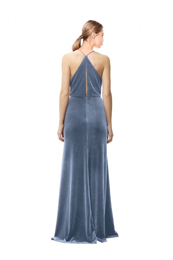 Azul Empoeirado Linha A Alças finas Veludo Elástico Longo Vestidos de Madrinha / Vestidos de Festa Acessíveis