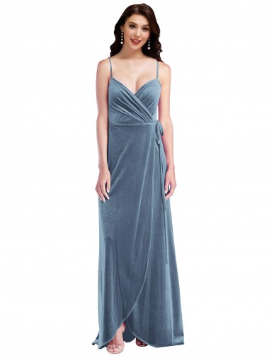 Azul Empoeirado Linha A Amor Veludo Elástico Longo Vestidos de Madrinha / Vestidos de Festa