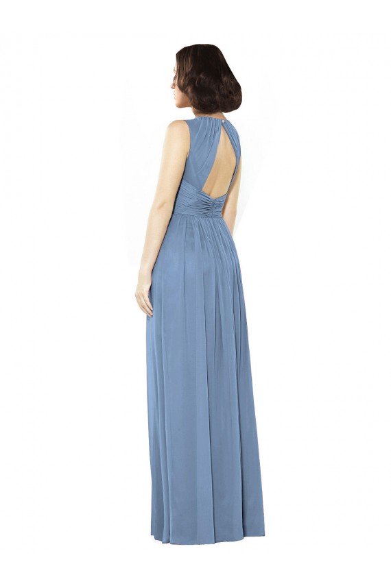 Azul Empoeirado Linha A Barco Chiffon Longo Vestidos de Madrinha Acessíveis