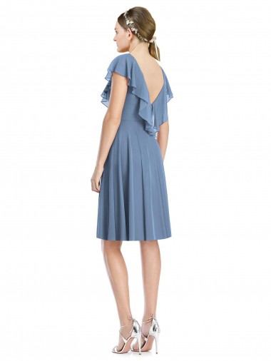 Azul Empoeirado Linha A Decote V Chiffon Curto Vestidos de Madrinha