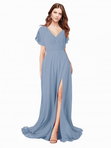 Azul Empoeirado Linha A Decote V Chiffon Longo Vestidos de Madrinha / Vestidos de Festa