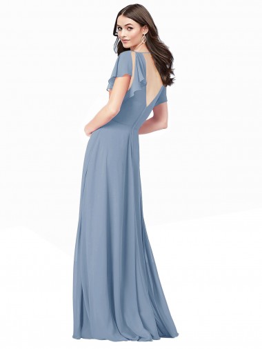 Azul Empoeirado Linha A Decote V Chiffon Longo Vestidos de Madrinha / Vestidos de Festa