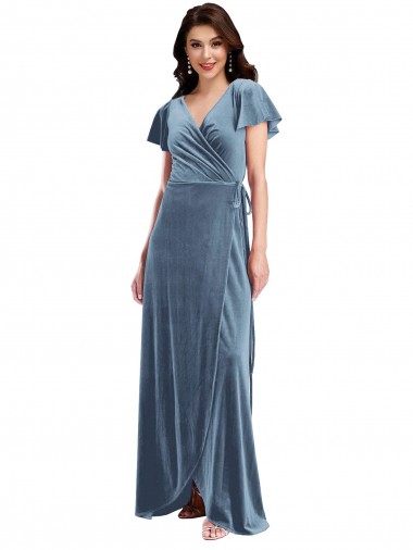 Azul Empoeirado Linha A Decote V Veludo Elástico Longo Vestidos de Madrinha / Vestidos de Festa