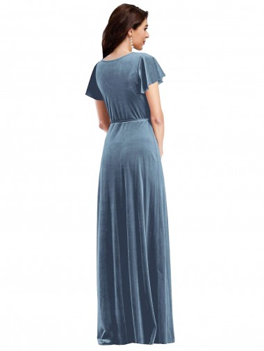 Azul Empoeirado Linha A Decote V Veludo Elástico Longo Vestidos de Madrinha / Vestidos de Festa