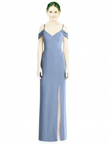 Azul Empoeirado Linha A Fora do Ombro Chiffon Longo Formais Vestidos de Madrinha / Vestidos de Noite