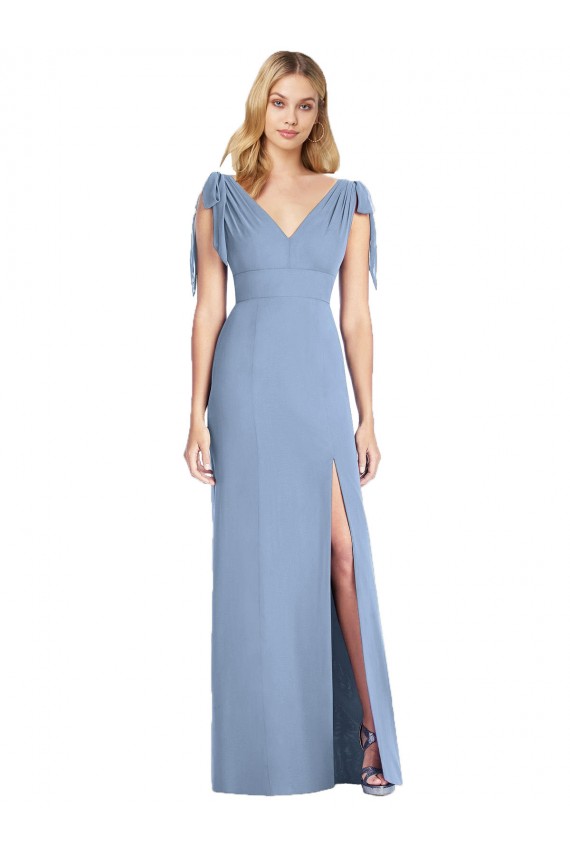 Azul Empoeirado Sereia Decote V Chiffon Longo Vestidos de Madrinha Acessíveis