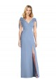 Azul Empoeirado Sereia Decote V Chiffon Longo Vestidos de Madrinha Acessíveis