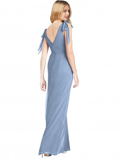 Azul Empoeirado Sereia Decote V Chiffon Longo Vestidos de Madrinha