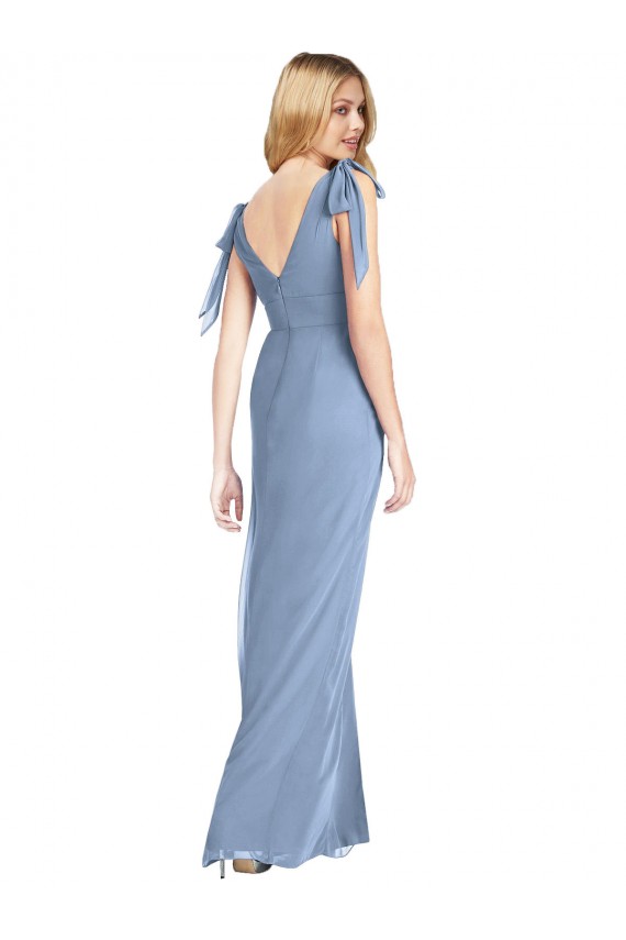 Azul Empoeirado Sereia Decote V Chiffon Longo Vestidos de Madrinha Acessíveis