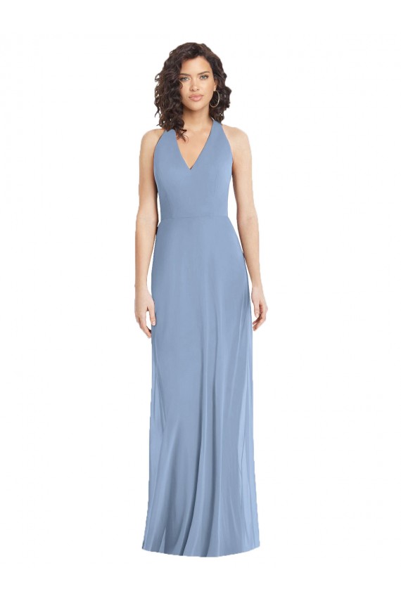 Azul Empoeirado Trombeta Cabeçada Chiffon Longo Formais Vestidos de Madrinha / Vestidos de Noite Acessíveis