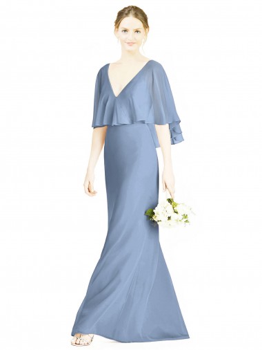 Azul Empoeirado Trombeta Decote V Chiffon Longo Vestidos de Madrinha