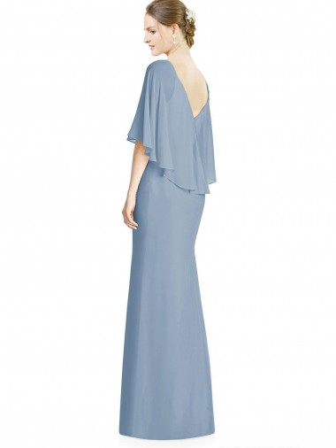 Azul Empoeirado Trombeta Decote V Chiffon Longo Vestidos de Madrinha