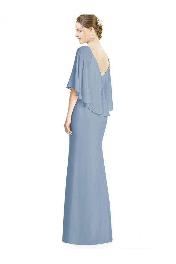 Azul Empoeirado Trombeta Decote V Chiffon Longo Vestidos de Madrinha