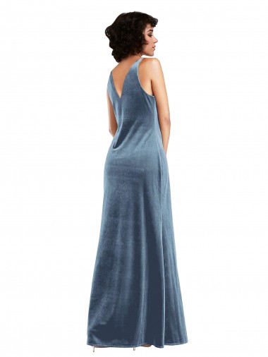 Azul Empoeirado Veludo Elástico Bainha Costas em V Decote Capuz Longo Vestidos de Madrinha / Vestidos de Festa
