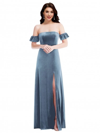 Azul Empoeirado Veludo Elástico Linha A Lombar Fora do Ombro Longo Vestidos de Madrinha / Vestidos de Festa