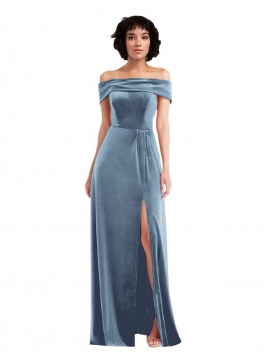 Azul Empoeirado Veludo Elástico Linha A Sem Mangas Fora do Ombro Longo Vestidos de Madrinha / Vestidos de Festa