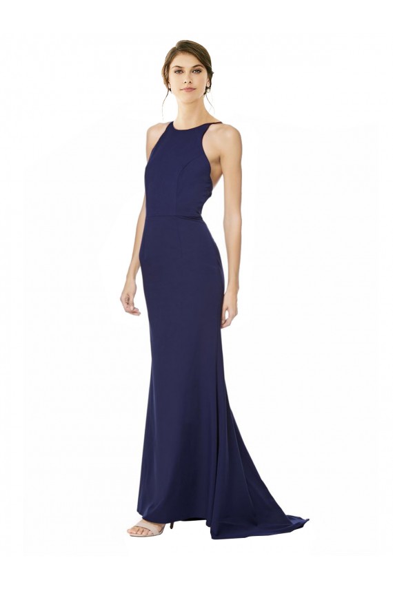 Azul Marinho Crepe Esticado Sereia Criss Cruz Decote Alto Longo Formais Vestidos de Madrinha / Vestidos de Noite / Vestidos de Festa