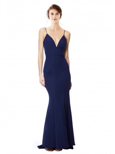 Azul Marinho Sereia Alças finas Crepe Esticado Longo Formais Vestidos de Madrinha / Vestidos de Festa