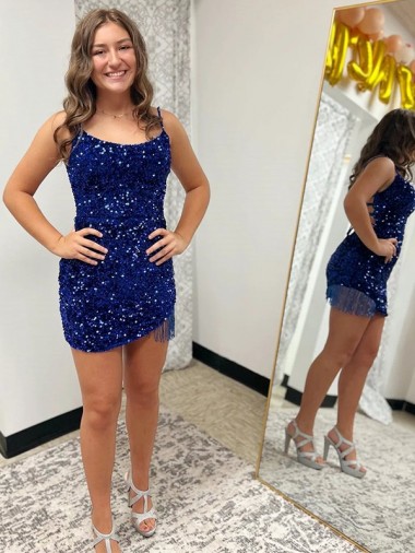 Azul Real Bainha Alças finas Curto Lantejoulas Veludo Curto Lantejoulas Veludo Vestidos de Festa