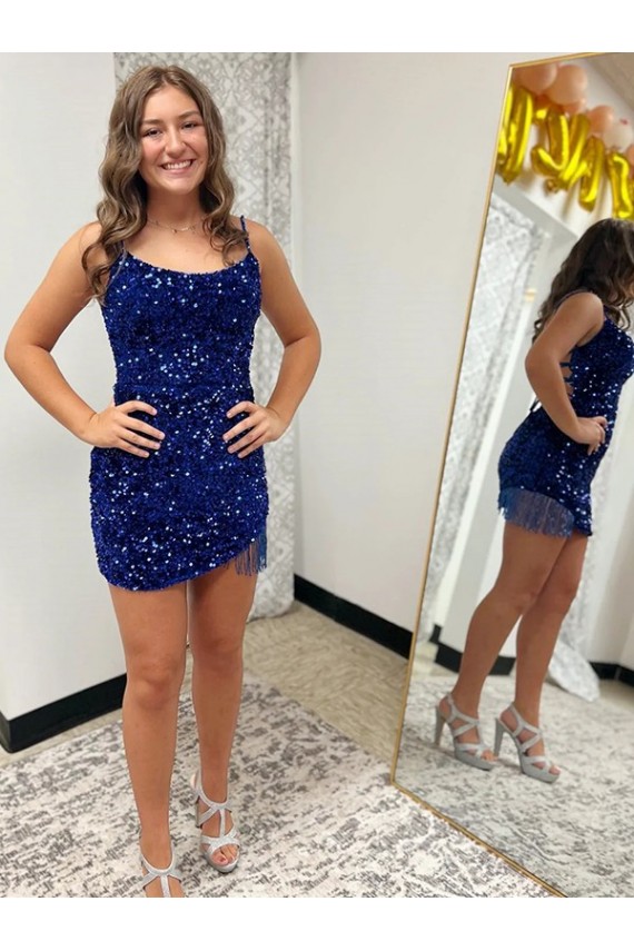 Azul Real Bainha Alças finas Curto Lantejoulas Veludo Curto Lantejoulas Veludo Vestidos de Festa Acessíveis