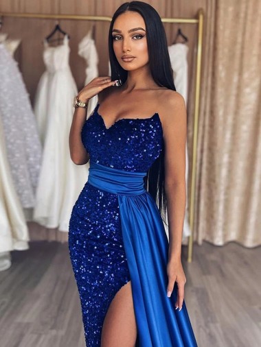 Azul Real Bainha Amor Comboio Varredela Lantejoulas Veludo Longo Lantejoulas Veludo Vestidos de Festa