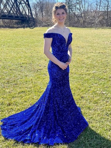 Azul Real Bainha Fora do Ombro Comboio Varredela Lantejoulas Veludo Longo Lantejoulas Veludo Vestidos de Festa