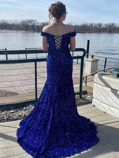 Azul Real Bainha Fora do Ombro Comboio Varredela Lantejoulas Veludo Longo Lantejoulas Veludo Vestidos de Festa