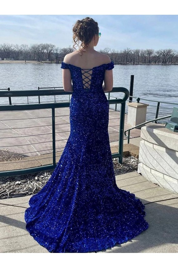 Azul Real Bainha Fora do Ombro Comboio Varredela Lantejoulas Veludo Longo Lantejoulas Veludo Vestidos de Festa Acessíveis