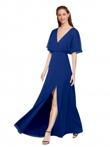 Azul Real Chiffon Linha A Abrir de volta Decote V Longo Vestidos de Madrinha