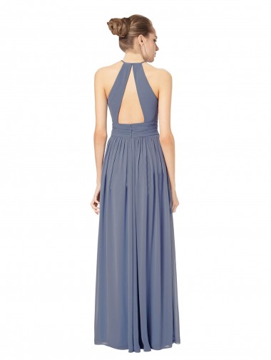 Azul Real Chiffon Linha A Buraco da fechadura Cabeçada Longo Vestidos de Madrinha