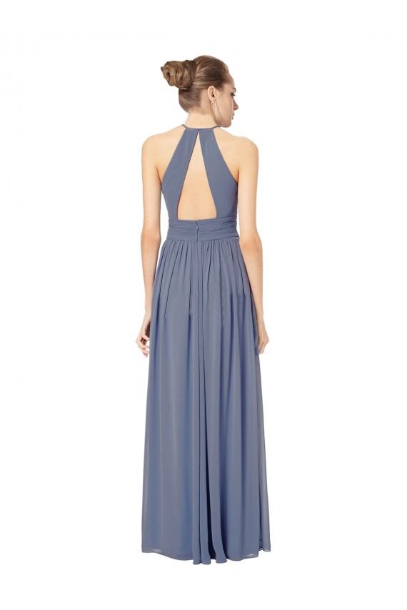 Azul Real Chiffon Linha A Buraco da fechadura Cabeçada Longo Vestidos de Madrinha