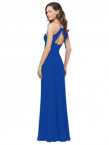 Azul Real Chiffon Linha A Buraco da fechadura Decote V Longo Vestidos de Madrinha