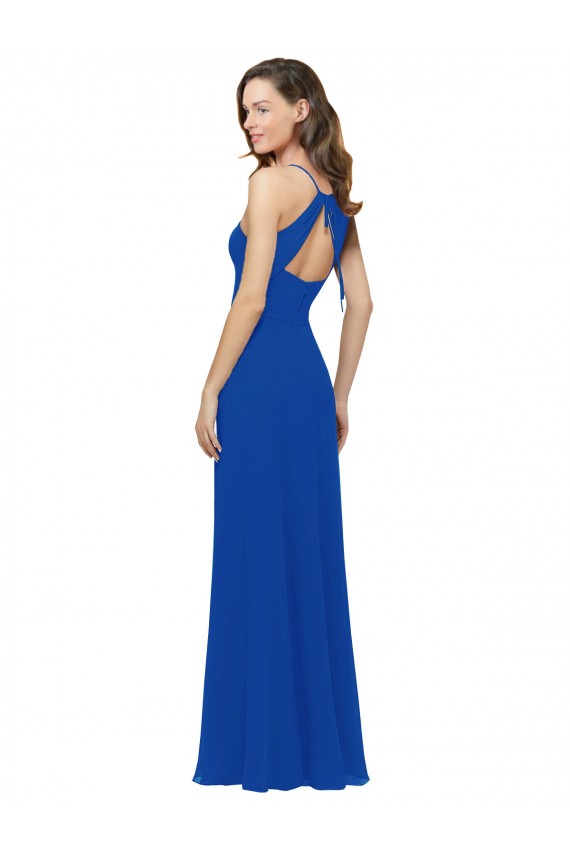 Azul Real Chiffon Linha A Buraco da fechadura Decote V Longo Vestidos de Madrinha Acessíveis