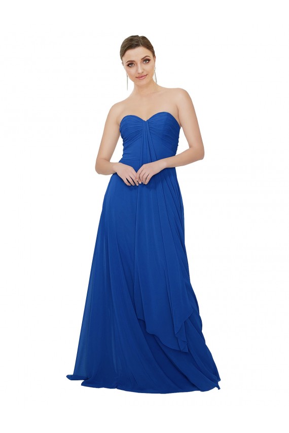 Azul Real Chiffon Linha A Buraco da fechadura Sem alças Longo Vestidos de Madrinha Acessíveis