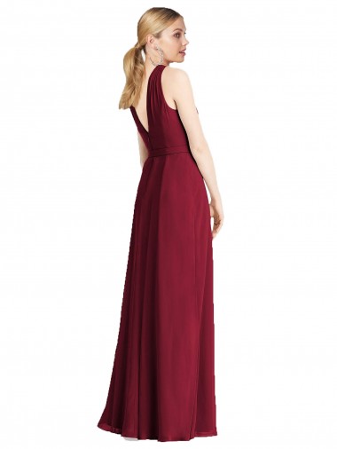 Azul Real Chiffon Linha A Costas em V Cabeçada Longo Vestidos de Madrinha