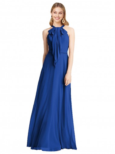 Azul Real Chiffon Linha A Costas em V Cabeçada Longo Vestidos de Madrinha