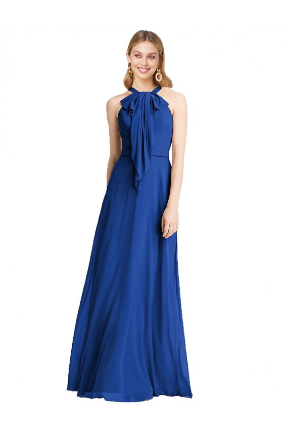 Azul Real Chiffon Linha A Costas em V Cabeçada Longo Vestidos de Madrinha Acessíveis
