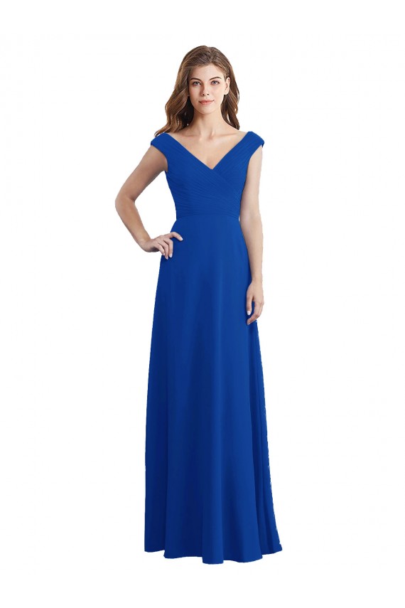 Azul Real Chiffon Linha A Decote V Longo Vestidos de Madrinha Acessíveis