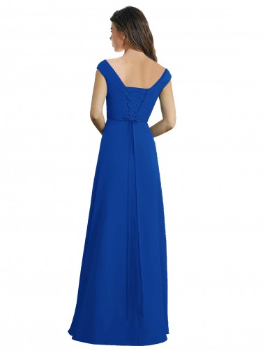 Azul Real Chiffon Linha A Decote V Longo Vestidos de Madrinha