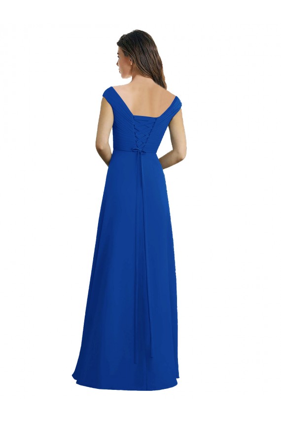 Azul Real Chiffon Linha A Decote V Longo Vestidos de Madrinha Acessíveis